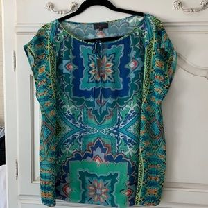 Hale Bob sheer ss blouse with tie neck